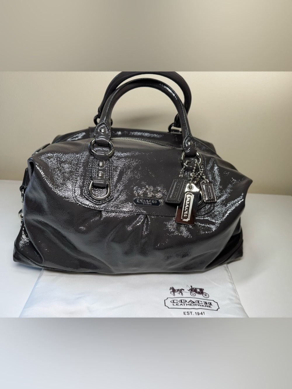 NWOT - Coach Madison Sabrina Satchel in Graphite Patent Leather with Dust Bag